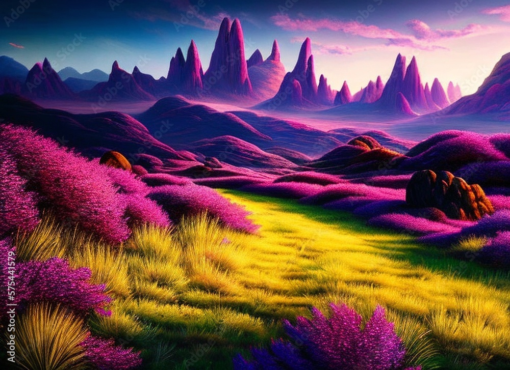 a calm meadow with hilly landscapes in the background and purple hues