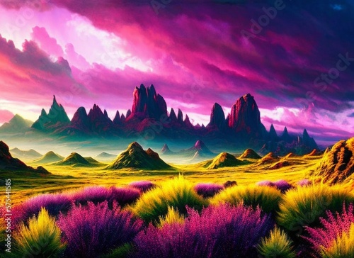 a calm meadow with hilly landscapes in the background and purple hues