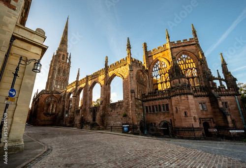 Old Coventry Cathedral and Holy Trinity spire England, UK