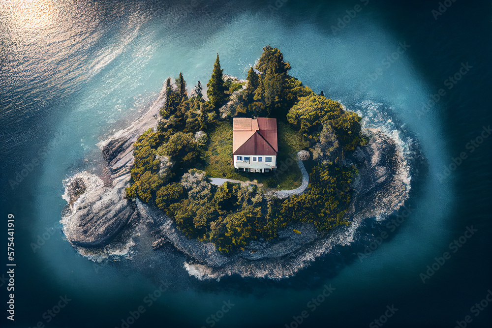 Illustration of single house on tiny island, surrounded by the ocean. generative AI - obrazy, fototapety, plakaty 