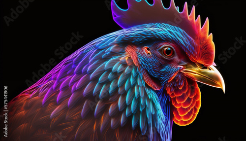  portrait rooster face close-up colorful neon paint