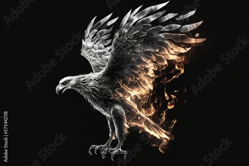Eagle on fire, isolated on black backdrop, illustration. Generative AI