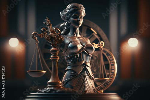 Bronze statue of the goddess of justice and the scales. AI generative.