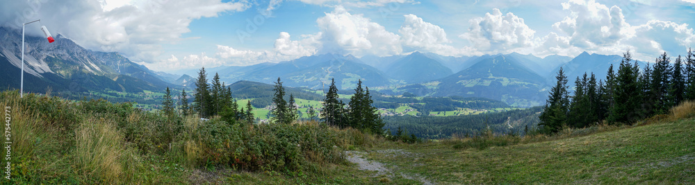 Wonderful panoramic view of Schladming Dachstein Region. Peaks and Valley, view to Ramsau and Dachstein. Styria, Austria