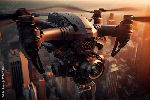 Flying drone with camera on the sky over city view. Close up on black drone camera. Drone quadcopter in flight. High quality ai illustration.