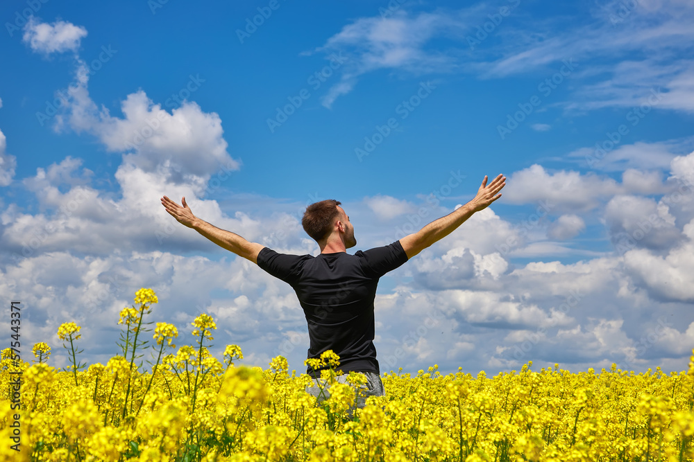 Man stands in a yellow field rejoicing raises his hands to the sky. Man stands in a yellow field rejoicing raises his hands to the sky.