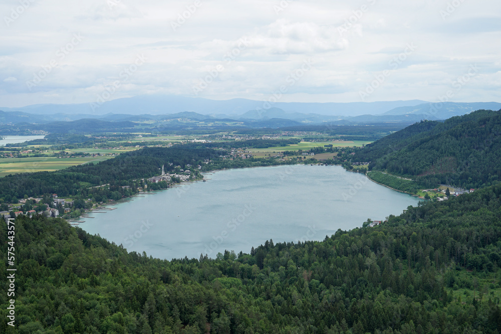 View of Lake Klopein from the mountains on a cloudy day, carinthia, austria