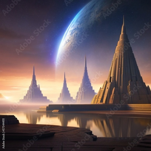 a giant temple structure on a fantasy alien planet