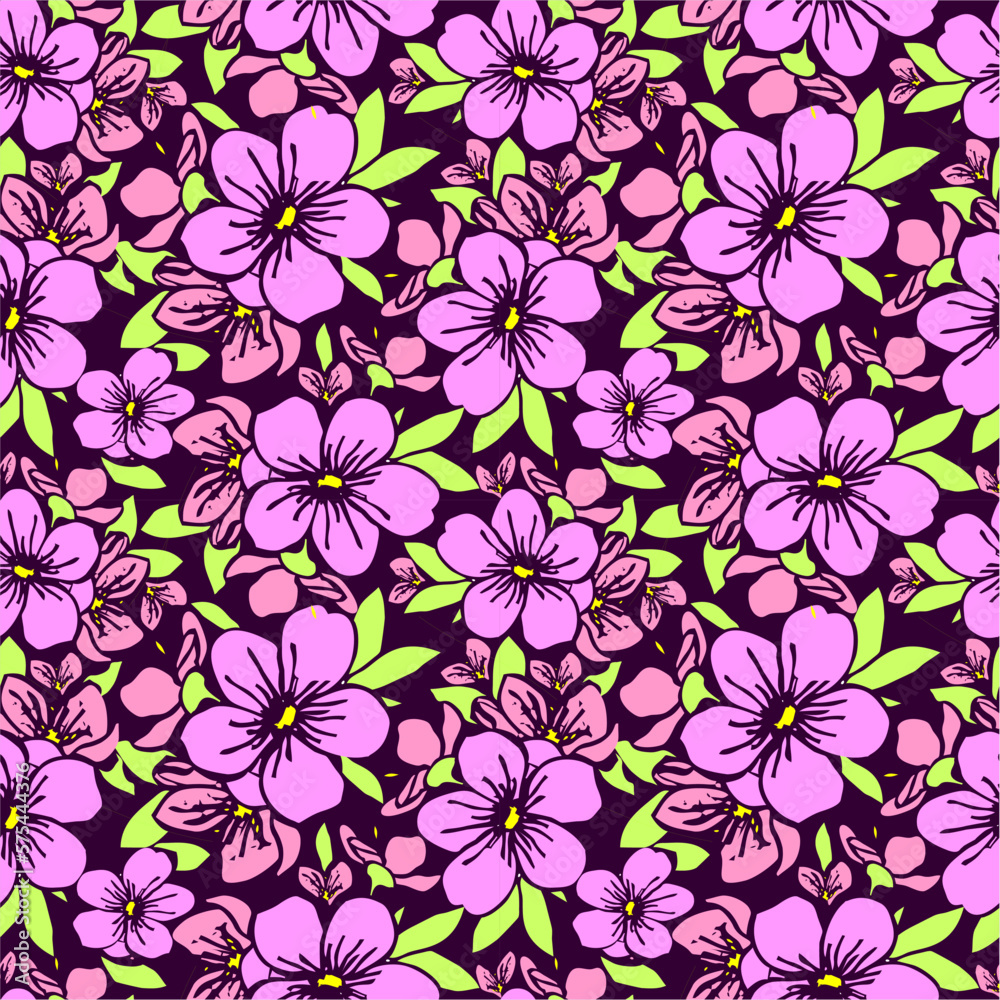 seamless pattern of pink silhouettes of flowers on a purple background, texture, design