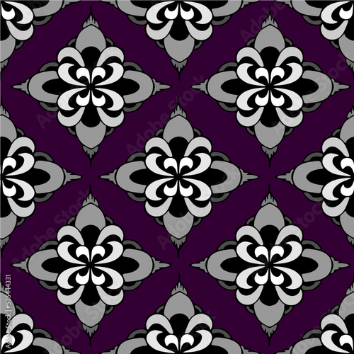 seamless symmetrical pattern of abstract gray geometric shapes on purple background, texture