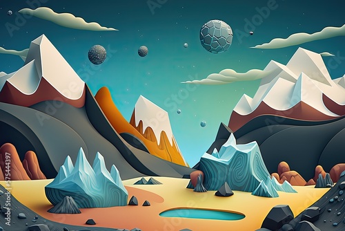 Illustration of a cartoony, alien planet's landscape, complete with a bizarro mountain range, perfect for use as an ui game's backdrop. Generative AI photo