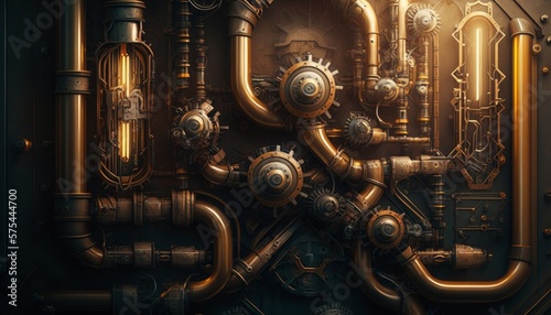 Vászonkép A steampunk illustration with gears, pipes, lights and steam