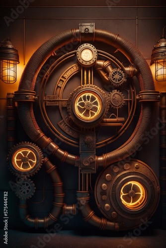 A steampunk illustration with gears, pipes, lights and steam. Generative AI 