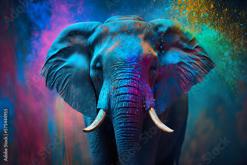 Happy Holi Indian Hindu festival of colors. happy Holi festival with an elephant, Generative Ai.