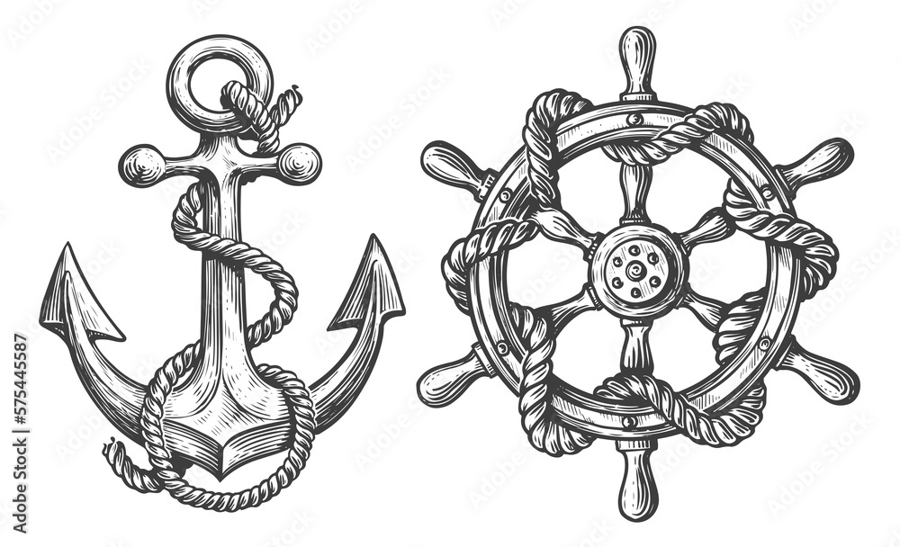 Nautical set. Anchor and ship helm, steering wheel in sketch style