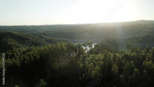 Drone shot view of a sunset at Zezere river in Portugal photo
