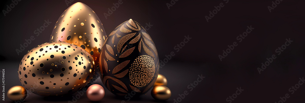 Three golden Easter eggs on a dark background. Banner. AI generated