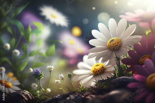 Spring sunny meadow with flowers. Illustration Generative AI