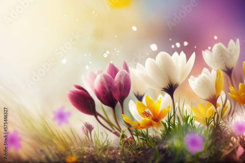 Spring sunny meadow with flowers. Illustration Generative AI