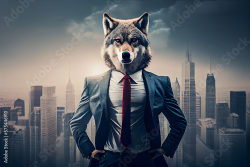 Self confident aggressive wolf of wall street bearing his teeth in business district. generative AI