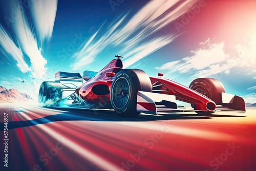 Rapidly Approaching Racing Car on the Road or Track. There are mountains in the background, and the sky is blue. Motion blur and lens flare were applied. Generative AI © 2rogan
