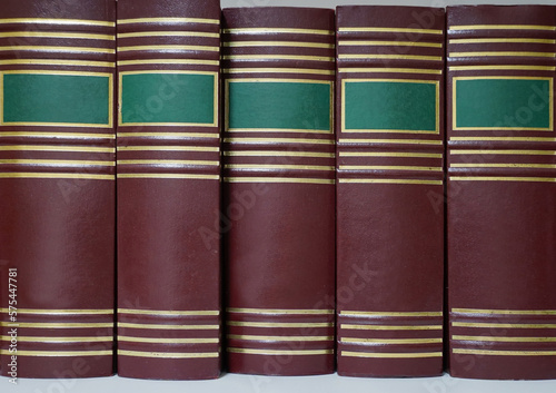 Blank cover of red books lined on a bookshelves with green rectangle for the title photo