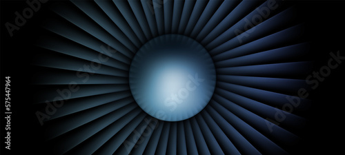 Wide image of jet aircraft turbine front view with detail of air blades. Vector illustration isolated on black background.