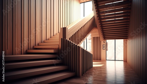 Modern interior, wooden stairs, staircase 