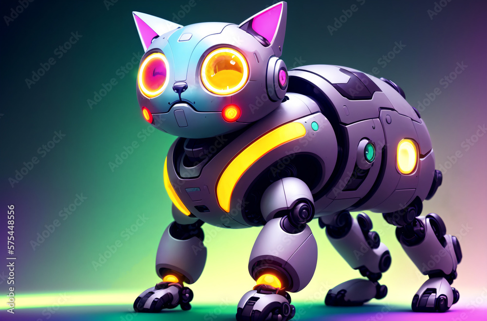 Robot cat. Cute robot pussycat in bright colors. Concept of modern world, toy animal. Generative AI. Robot cat. Cute robot pussycat in bright colors. Concept of modern world, toy animal. Generative AI.