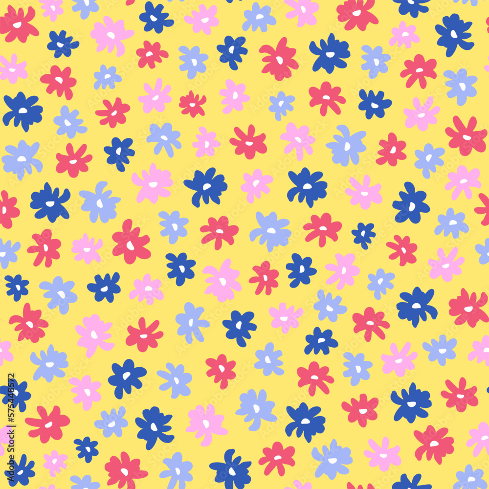 Small minimal calico flower seamless repeat pattern. Random placed, vector floral heads all over surface print on yellow background.