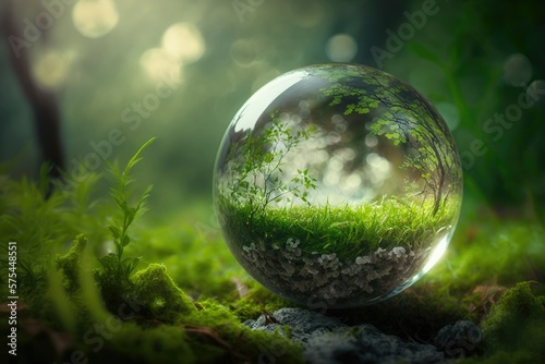 Environment. Green planet with abstract out of focus bokeh lights, resting on grass and moss in a forest; a glass globe serves as a symbol for environmental protection. Generative AI