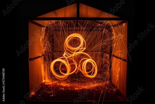 Steel Wool Art. A record of the fiery path of a whisk full of burning steel wool! The corrugated sheets may contain the sparks, but their fire lives on.  photo