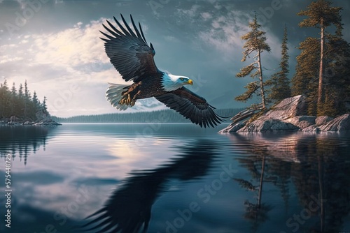 A bald eagle soars over the clear waters of the ocean. Stunning woods in the backdrop. Generative AI © 2rogan