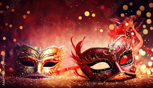 Venetian masks on red bokeh lights for a carnival party. Based on Generative AI © Yeti Studio