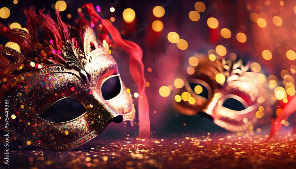 Venetian masks on red bokeh lights for a carnival party. Based on Generative AI