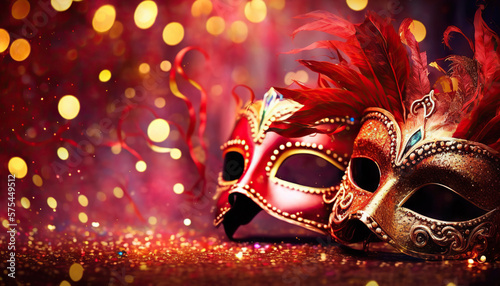 Venetian masks on red bokeh lights for a carnival party. Based on Generative AI