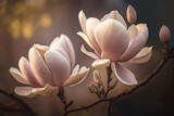 Magnolia tree blossoms in springtime. Romantic floral backdrop. Generative AI