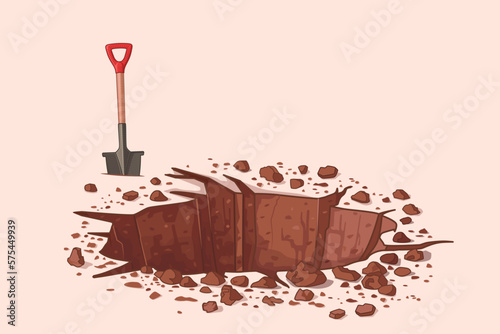 Dig a hole. Vector illustration. Drawing of a hole in the ground, stones and a shovel. Earthwork in the garden. Deep hole. Archeology and search. To plant a tree. Construction of a well for water photo