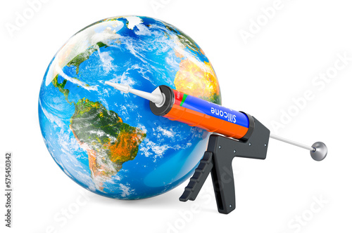 Sealant gun with silicone sealant tube with Earth Globe, 3D rendering