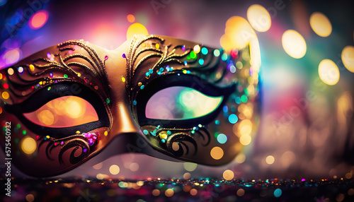 Venetian mask on background of bokeh lights for carnival. Based on Generative AI