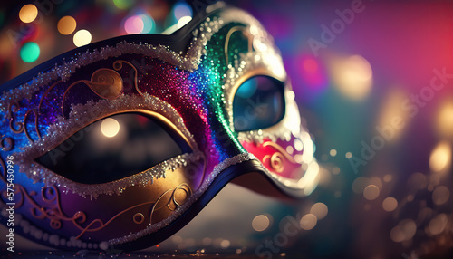 Venetian mask on background of bokeh lights for carnival. Based on Generative AI