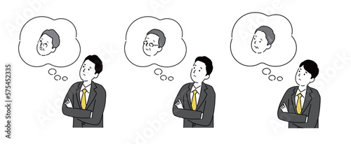 シンプルな線画イラスト、考える若者とふきだしの高齢者、ベクター