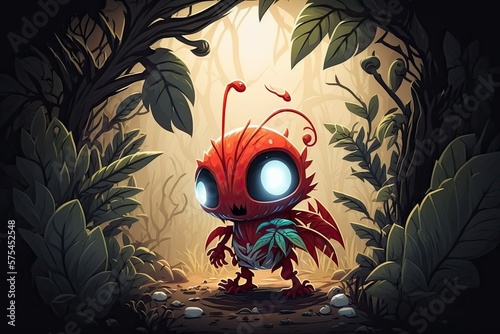 Tuck it away in the jungle  because there s a cute alien hiding in the bushes. The cartoon monster emerged from the bushes  antennae glowing red in the sunlight. Comical little traveler s illustrated