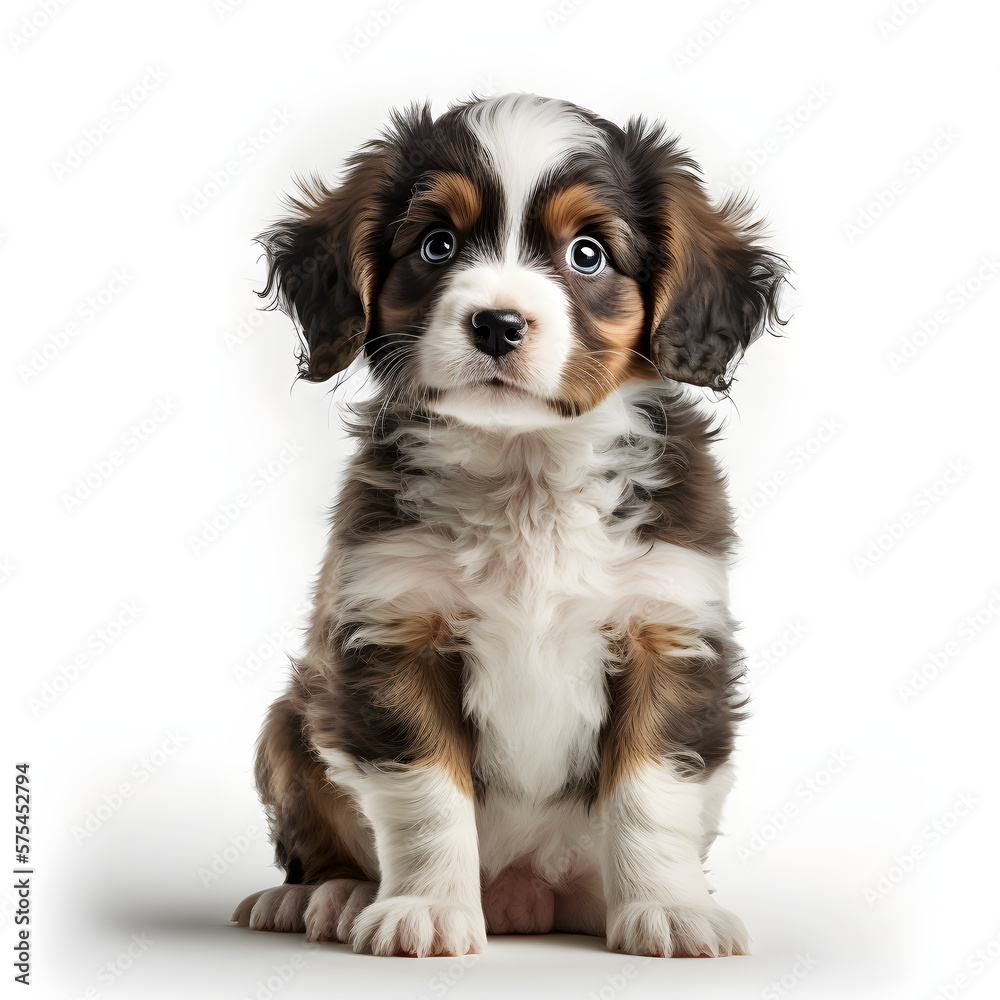 Full length portrait of adorable puppy looking towards camera on white background