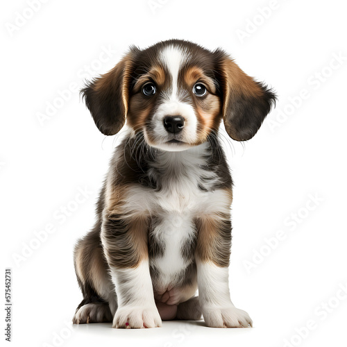Full length portrait of adorable puppy looking towards camera on white background