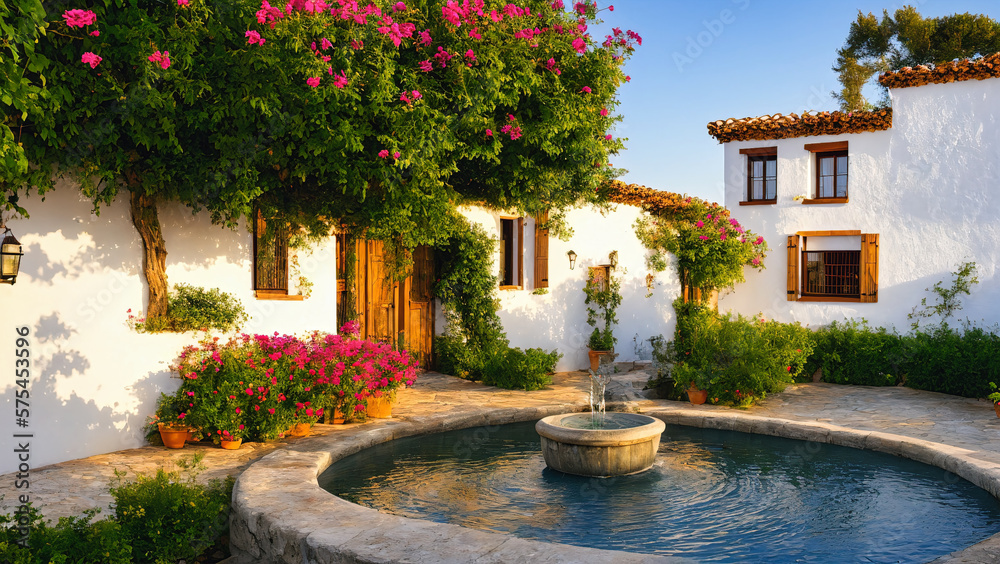 beautifull spanish east coast house garden with whitewashed walls wooden doors and windows with some beautiful colorful flowers staying outdoors near fountain with splashing water, generative AI