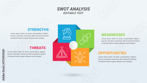 Rectangular SWOT Analysis Infographics Diagram with Four Steps or Options. Business Advantages and Disadvantages. Colorful Presentation Template for Planning, Management, and Evaluation of Project.