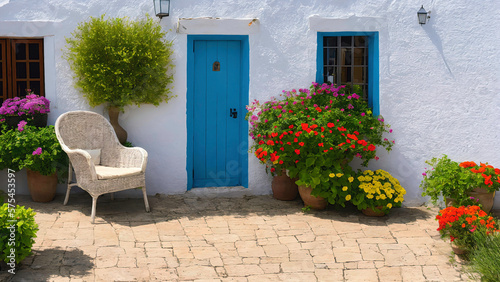 whicker chair at spanish east coast house with whitewashed walls wooden doors and windows with some beautiful colorful flowers staying outdoors, generative AI © Jenar
