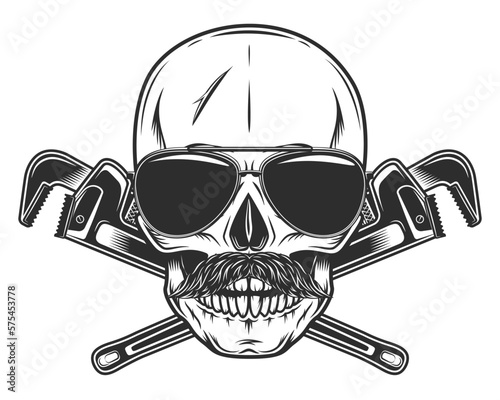 Skull in sunglasses with mustache with construction wrench for gas and builder plumbing pipe or body shop mechanic spanner repair tool in monochrome style isolated vintage vector illustration