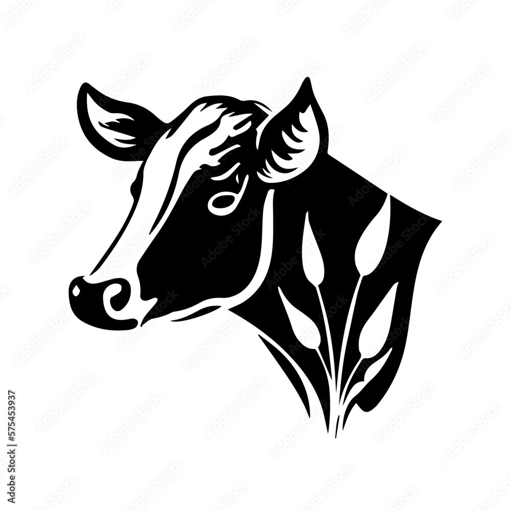 Silhouette of a black and white cow's head and wheat vector logo